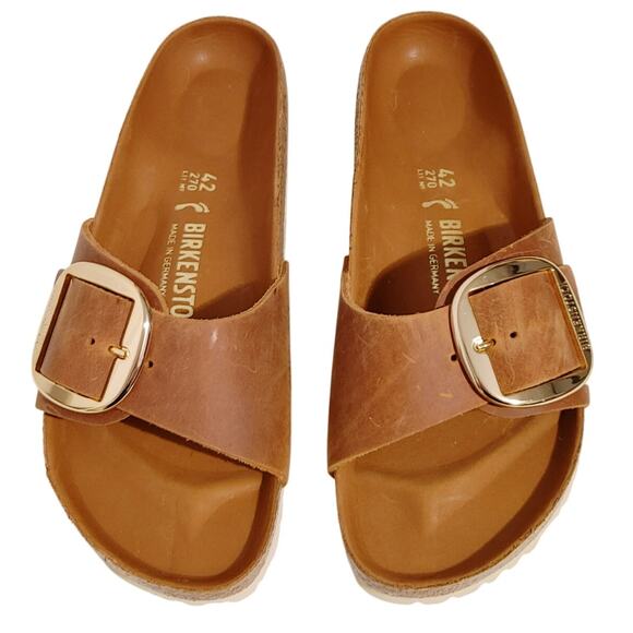 NWB Birkenstock Madrid Big Buckle Cognac Leather Slides Sandals Womens US 11 - Picture 1 of 5